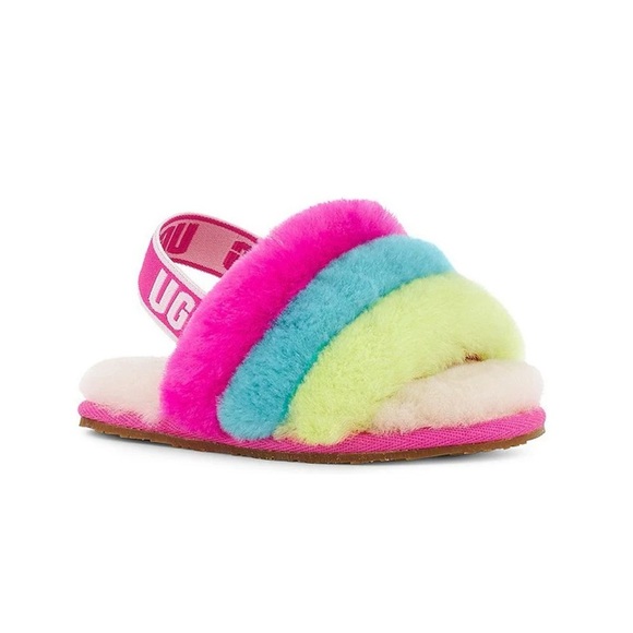 UGG Girls' Fluff Yeah Logo Detail Slide Slippers Multicolor Pink Size 9 - Picture 1 of 11